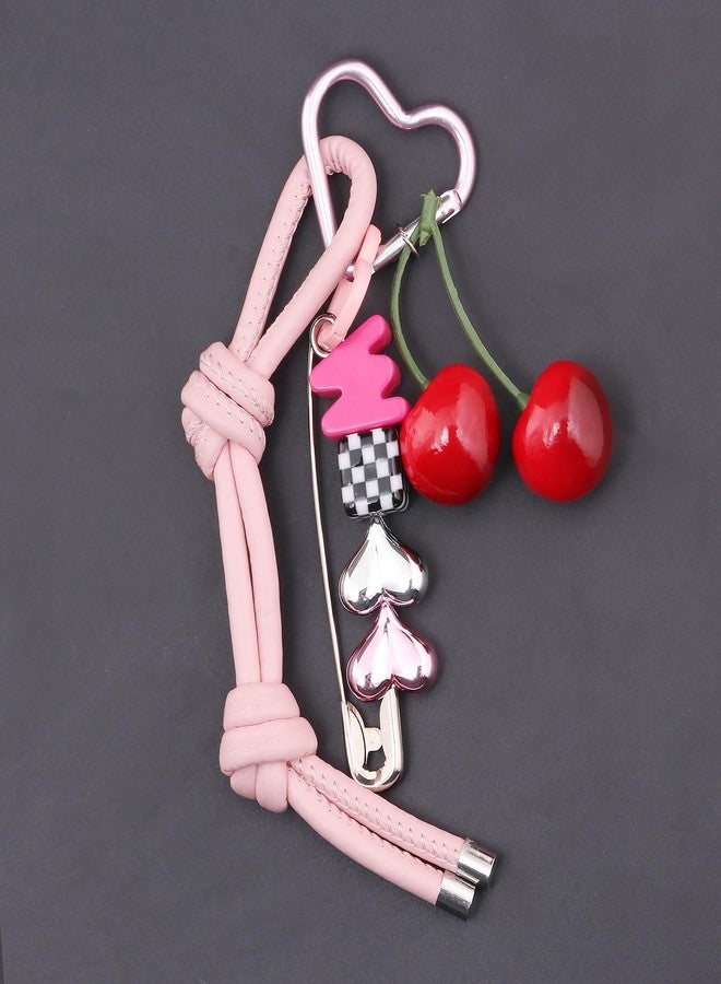 SORGERLY Designer Bag Charm for Handbag - Pink Leather Rope Cherry Heart Letter Beaded - Cute Purse Tote Accessories for Women (Pink leather) - Image 4